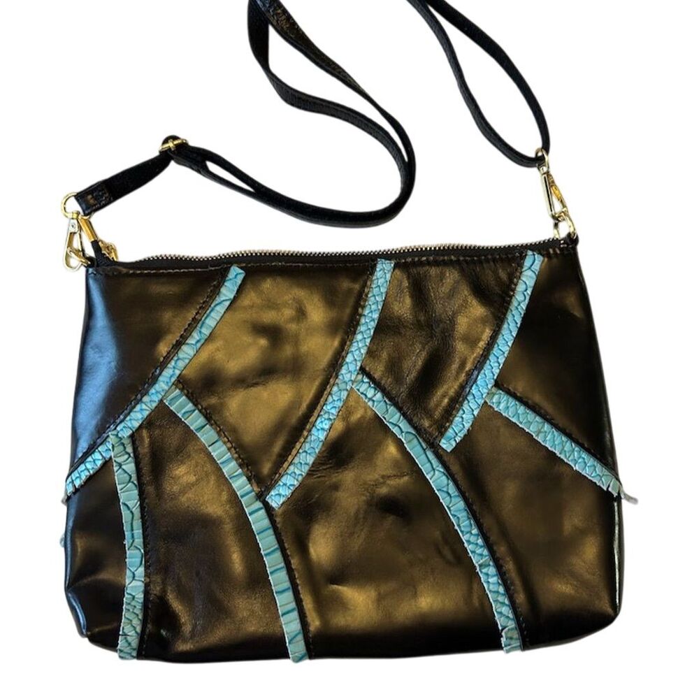 Chaos by Elsie Black Leather Turquoise Leather Patchwork Crossbody Bag